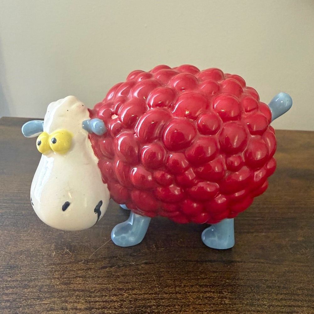 Whimsical Studio Pottery Ceramic Sheep Figurine Red Blue Folk Art Signed CA